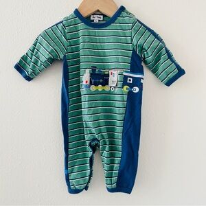 Le Top 3 Month Blue Green Striped Train Onesie